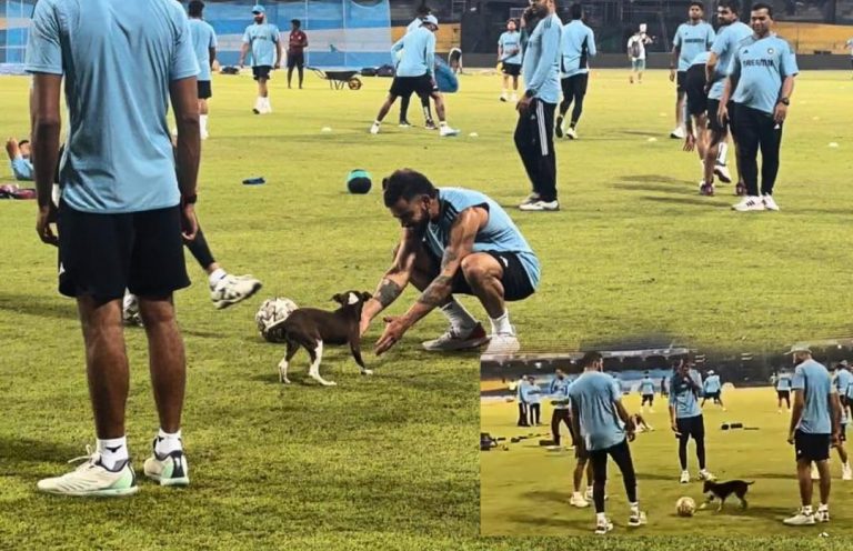 ویرات کوہلی پریکٹس سیشن میں کتے کے ساتھ کھیلتے پائے گئے