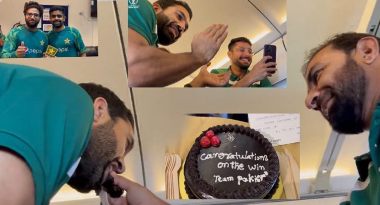 بھارتی ایئر لائنز کا پاکستانی ٹیم کے اعزاز میں فتح کا کیک،امام اور سعود کیلئے ٹرافیزکیوں