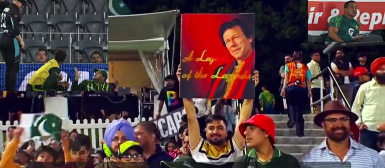 میچ کے دوران عمران خان کا پوسٹر،سرکاری ٹی وی  بلینک ہوگیا،اعظم خان باہر بیٹھے کیوی فیلڈرسے لڑپڑے