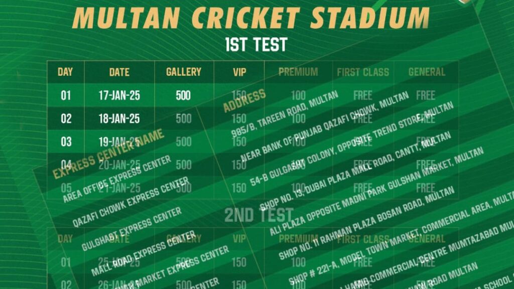 پاکستان بمقابلہ ویسٹ انڈیز ٹیسٹ سیریز،ملتان میں کہاں سے ٹکٹ لے سکتے